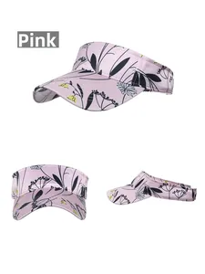 Detail view of pink sun visor with floral pattern and breathable fabric texture