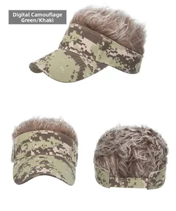 Three-view display of digital camouflage sun visor hat with curly brown hair accessory