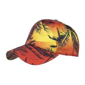 Tropical sunset palm tree print baseball cap with curved brim and orange gradient