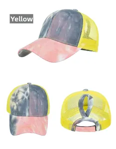 Detailed views of tie-dye ponytail baseball cap with breathable mesh and back opening