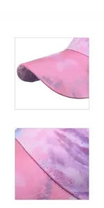 Macro detail of parallel stitching on pink and purple tie-dye sun visor hat brim