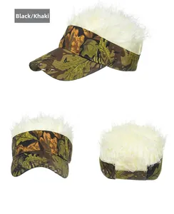 Three-angle view of creative camouflage sun visor with white synthetic wig hair