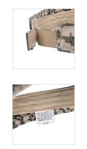 Detail of camouflage visor with adjustable hook-and-loop strap and 80% cotton fabric
