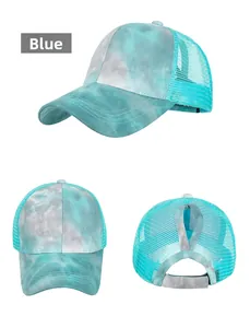 Detail view of tie-dye mesh baseball cap with ponytail hole and breathable blue fabric