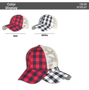 Detail view of plaid ponytail baseball caps in red and white with breathable mesh back