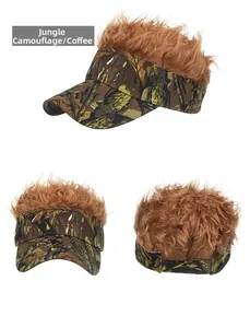 Three-angle view of jungle camouflage sun visor featuring realistic coffee-colored wig hair