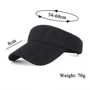 Black SPORT embossed sun visor hat with adjustable 54-60cm circumference for sports