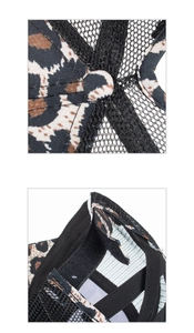 Close-up of leopard print fabric and breathable black mesh on this stylish ponytail baseball cap