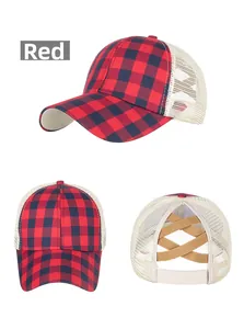 Detailed views of red plaid baseball cap with mesh panels and elastic ponytail hole
