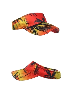Detail of sun visor with tropical palm tree print and red orange gradient colors