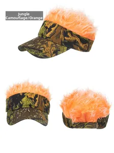 Detail view of camouflage visor with orange wig hair from multiple angles on white background
