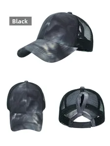 Detail view of tie-dye baseball cap with breathable mesh and ponytail hole design