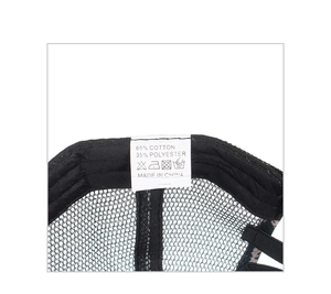 Close-up of baseball cap interior showing material label, cotton blend and mesh texture