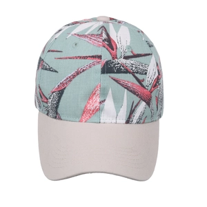 Floral print canvas baseball cap with a tropical pattern and contrasting beige brim