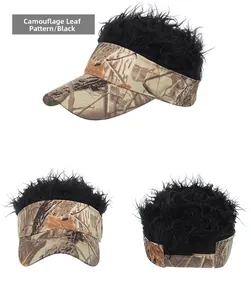 Three-angle view of a dead leaf camo visor hat with black synthetic hair on top