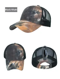 Detail view of tie-dye baseball cap featuring breathable mesh and ponytail hole