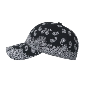 Classic black baseball cap with white paisley print and curved brim for casual wear