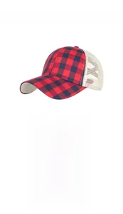 Detail of red and black buffalo plaid baseball cap with breathable cream mesh back