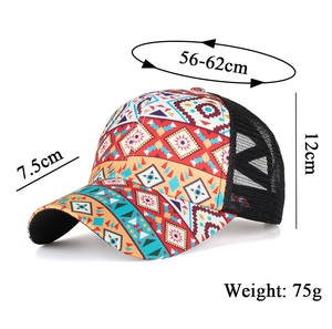 Detailed view of tribal pattern baseball cap with size specs and mesh back