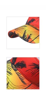 Detail display of stitching and sunset palm tree print on the sun visor hat