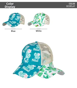 Detail view of cactus print trucker hats with breathable mesh back in blue and white