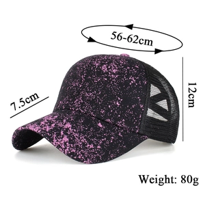 Detail view of black and pink starry baseball cap with size and weight specifications