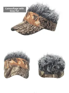 Multi-angle view of leaf camouflage visor cap with thick grey synthetic hair wig top