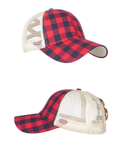 Detail view of red and black buffalo plaid baseball cap with white mesh back for women