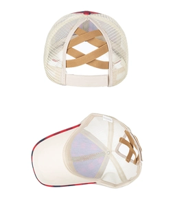 Detail of red plaid baseball cap with criss-cross elastic bands for high ponytail styling
