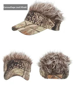 Three-angle view of a camouflage visor cap featuring a creative faux hair top design