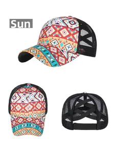 Detail of high ponytail sun hat featuring geometric patterns and crisscross elastic back