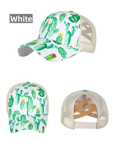 Detail of white baseball cap with cactus print and criss-cross elastic bands for ponytails