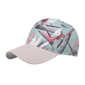 Tropical leaf print baseball cap with light green crown and neutral beige brim