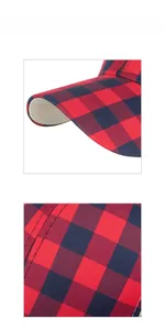 Close-up of red and black buffalo plaid fabric and stitching on baseball cap details