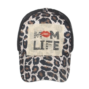 Leopard print mesh ponytail baseball cap with MOM LIFE patch on a white background