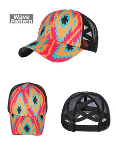 Detail view of colorful geometric wave pattern baseball cap with elastic ponytail cross bands