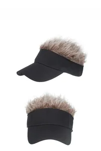 Creative sun visor hat featuring spiky brown synthetic hair wig on top of a black cap