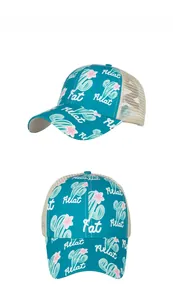 Detailed view of the cactus pattern and breathable mesh on this blue trucker cap