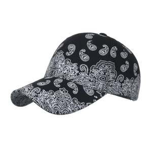 Classic black baseball cap with white paisley print pattern and six-panel structure