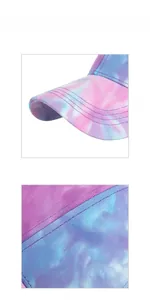 Close-up of pink and blue tie-dye baseball cap with precise six-line stitching details