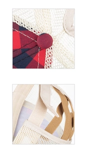 Macro detail of buffalo plaid fabric and breathable mesh on the criss-cross ponytail cap