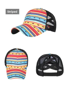 Detailed view of colorful striped ponytail baseball cap with breathable mesh and elastic bands