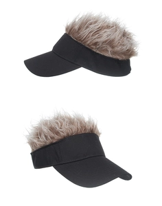 Dual-side view of a creative sun visor baseball cap featuring realistic brown synthetic hair