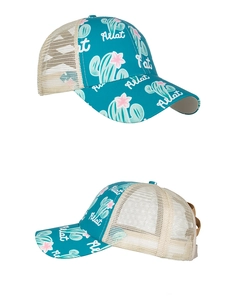 Detailed view of teal cactus print trucker hat with breathable beige mesh panels