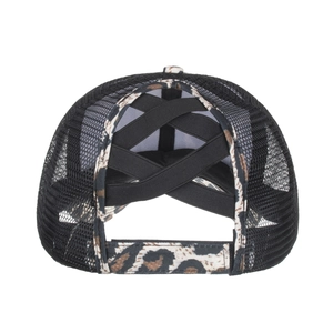 Leopard print ponytail mesh baseball cap with high bun cross elastic bands