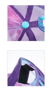 Detail of purple tie-dye baseball cap featuring breathable mesh and adjustable velcro strap