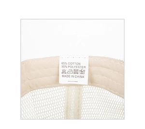 Detail view of cotton blend mesh sun hat showing interior wash label and stitching quality