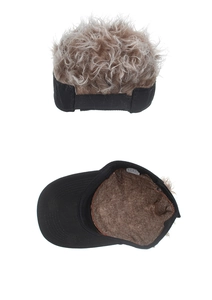 Detailed top and inside view of the black cotton baseball cap with grey curly wig hair