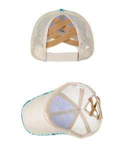 Detail view of cotton baseball cap with mesh panels and elastic ponytail cross bands
