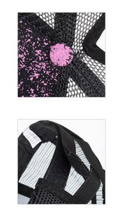 Detailed macro view of mesh baseball cap with pink splatter pattern and adjustable strap
